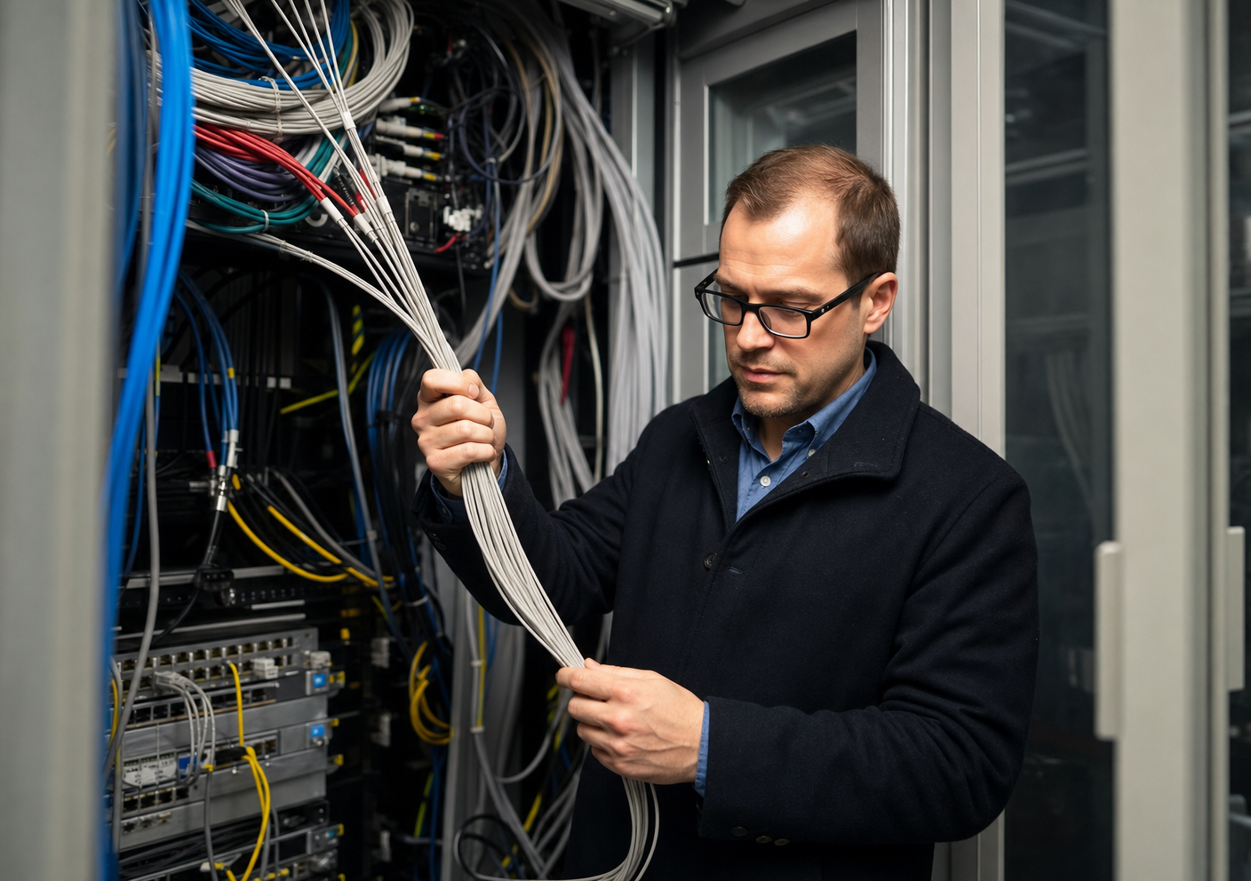 Técnico revisando el cableado de un rack de red.